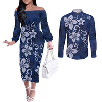 Plumeria Floral Tapa Pattern Navy Blue Couples Matching Off The Shoulder Long Sleeve Dress and Long Sleeve Button Shirt
