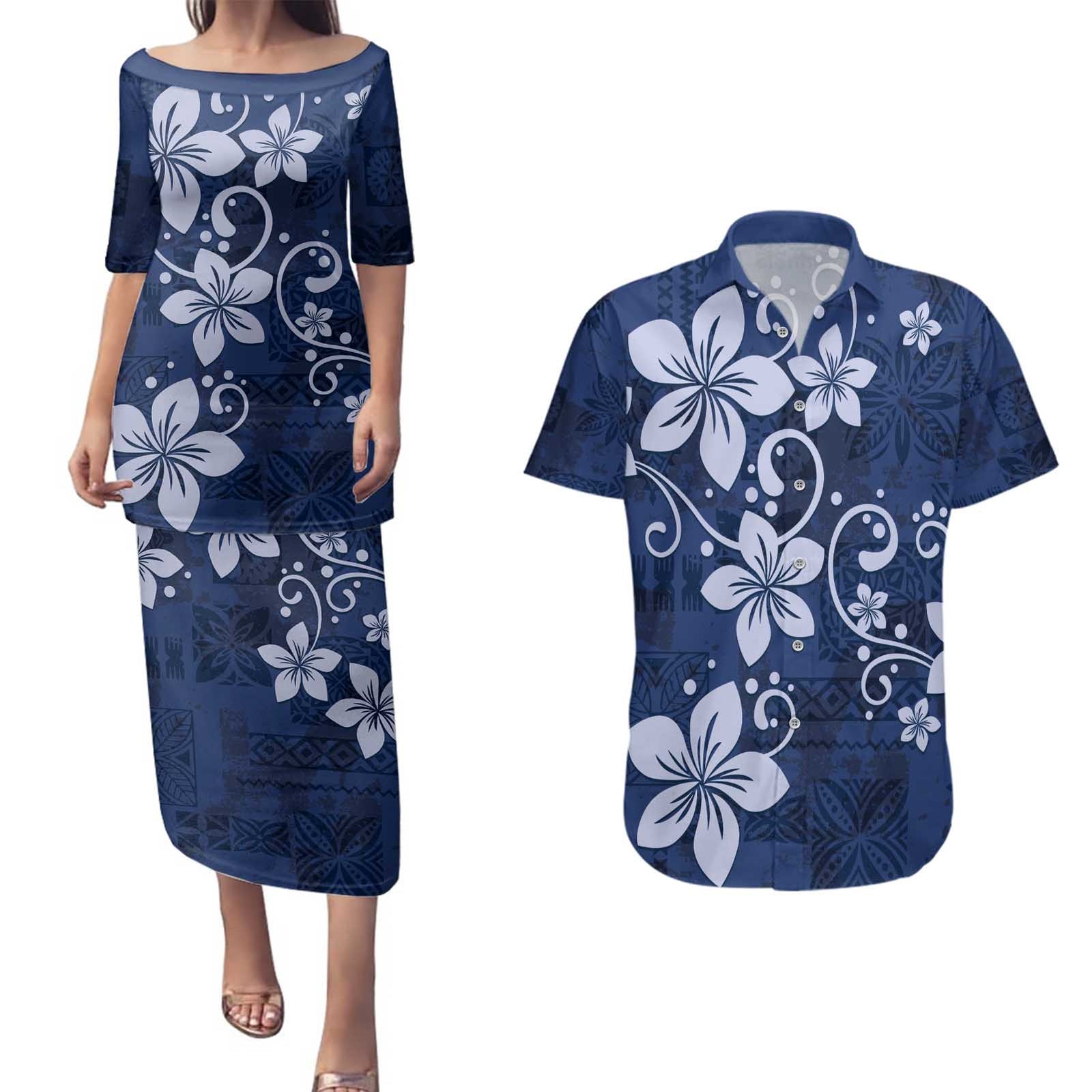 Plumeria Floral Tapa Pattern Navy Blue Couples Matching Puletasi and Hawaiian Shirt LT01 Blue - Polynesian Pride