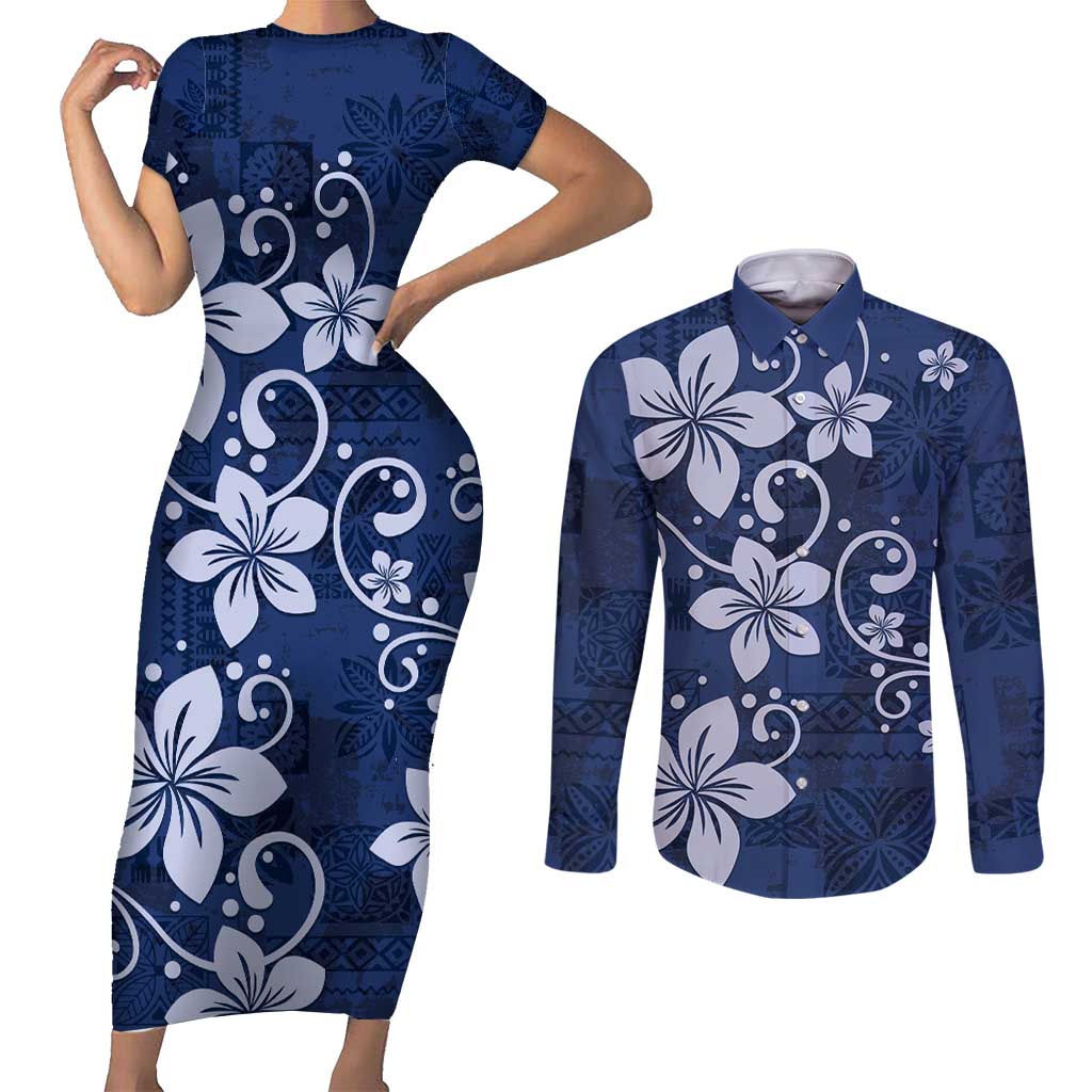 Plumeria Floral Tapa Pattern Navy Blue Couples Matching Short Sleeve Bodycon Dress and Long Sleeve Button Shirt
