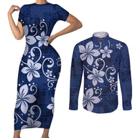 Plumeria Floral Tapa Pattern Navy Blue Couples Matching Short Sleeve Bodycon Dress and Long Sleeve Button Shirt