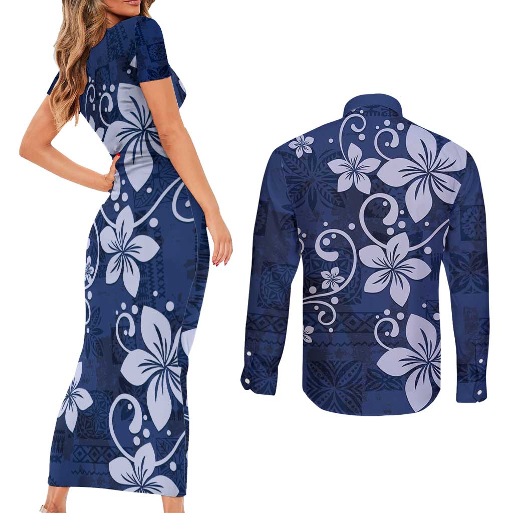 Plumeria Floral Tapa Pattern Navy Blue Couples Matching Short Sleeve Bodycon Dress and Long Sleeve Button Shirt