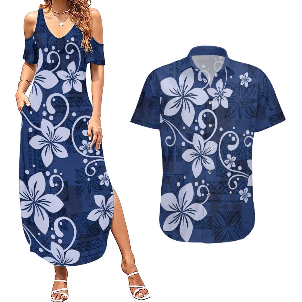 Plumeria Floral Tapa Pattern Navy Blue Couples Matching Summer Maxi Dress and Hawaiian Shirt
