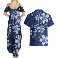 Plumeria Floral Tapa Pattern Navy Blue Couples Matching Summer Maxi Dress and Hawaiian Shirt
