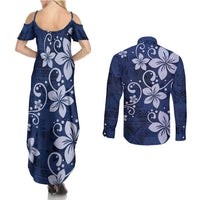 Plumeria Floral Tapa Pattern Navy Blue Couples Matching Summer Maxi Dress and Long Sleeve Button Shirt