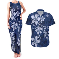 Plumeria Floral Tapa Pattern Navy Blue Couples Matching Tank Maxi Dress and Hawaiian Shirt