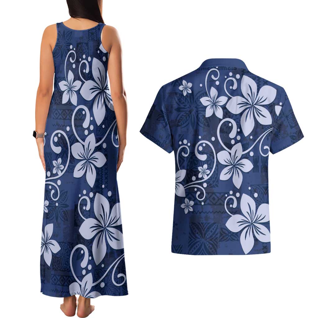 Plumeria Floral Tapa Pattern Navy Blue Couples Matching Tank Maxi Dress and Hawaiian Shirt