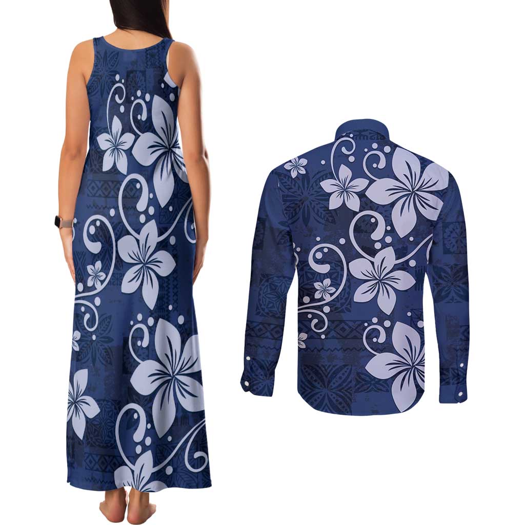 Plumeria Floral Tapa Pattern Navy Blue Couples Matching Tank Maxi Dress and Long Sleeve Button Shirt