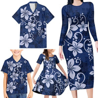 Plumeria Floral Tapa Pattern Navy Blue Family Matching Long Sleeve Bodycon Dress and Hawaiian Shirt