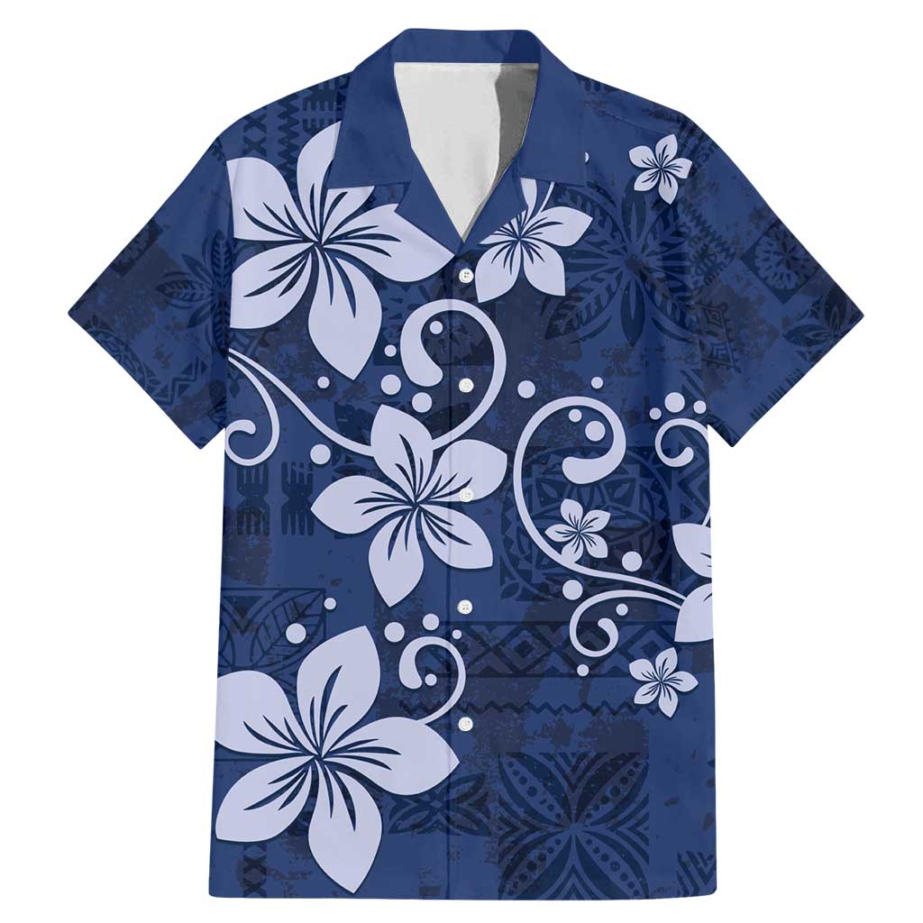 Plumeria Floral Tapa Pattern Navy Blue Family Matching Mermaid Dress and Hawaiian Shirt