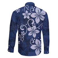 Plumeria Floral Tapa Pattern Navy Blue Family Matching Off Shoulder Short Dress and Hawaiian Shirt