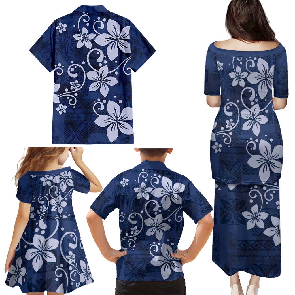 Plumeria Floral Tapa Pattern Navy Blue Family Matching Puletasi and Hawaiian Shirt