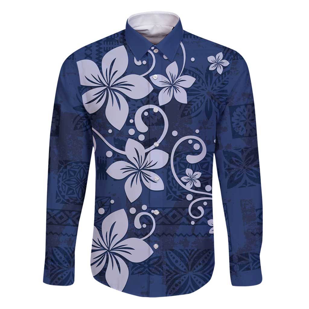 Plumeria Floral Tapa Pattern Navy Blue Family Matching Puletasi and Hawaiian Shirt