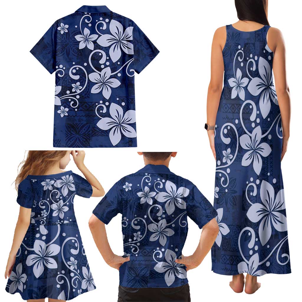 Plumeria Floral Tapa Pattern Navy Blue Family Matching Tank Maxi Dress and Hawaiian Shirt