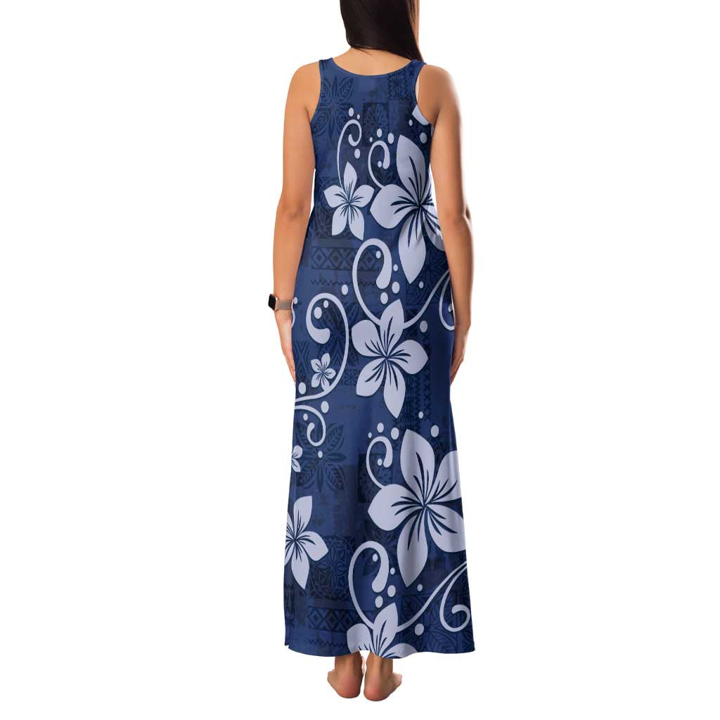 Plumeria Floral Tapa Pattern Navy Blue Family Matching Tank Maxi Dress and Hawaiian Shirt