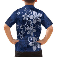 Plumeria Floral Tapa Pattern Navy Blue Kid Hawaiian Shirt