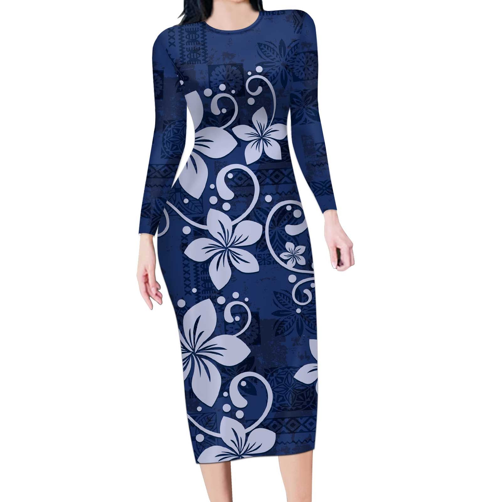 Plumeria Floral Tapa Pattern Navy Blue Long Sleeve Bodycon Dress LT01 Long Dress Blue - Polynesian Pride
