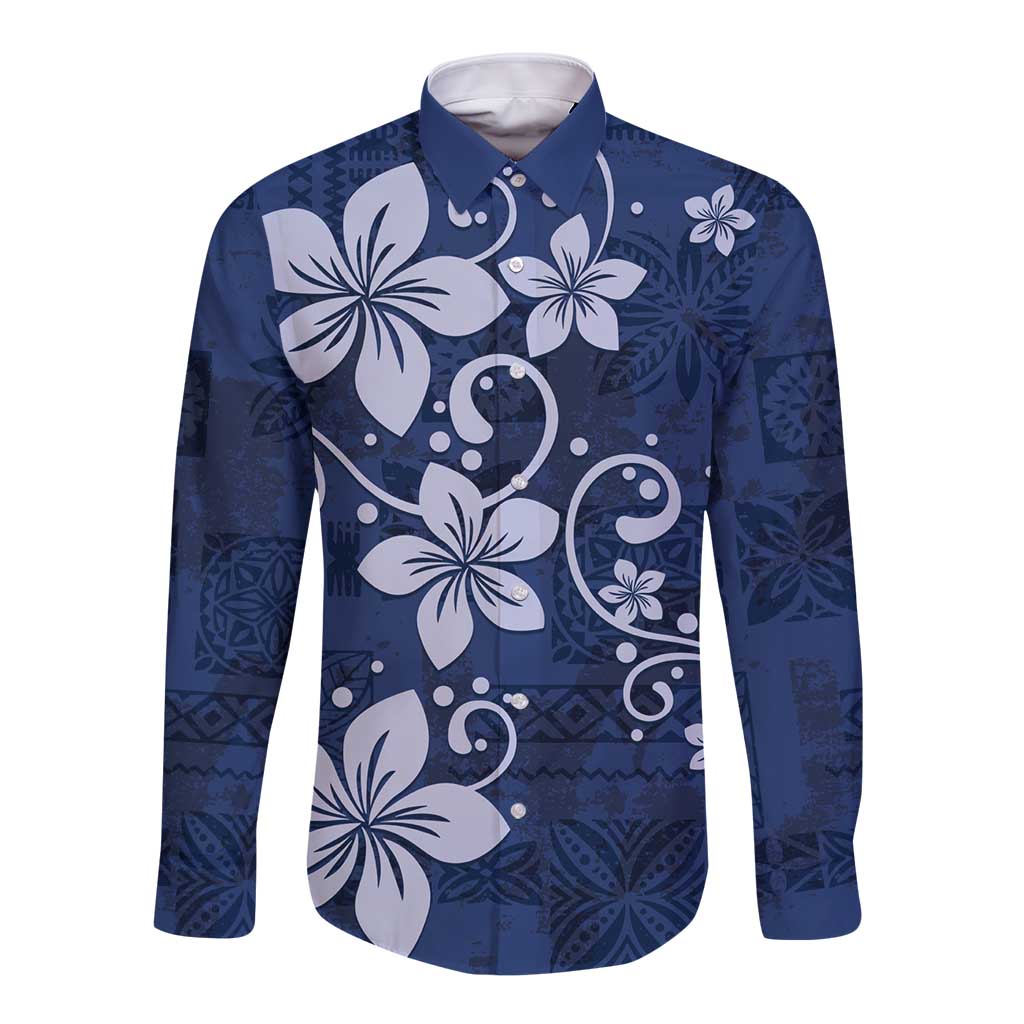 Plumeria Floral Tapa Pattern Navy Blue Long Sleeve Button Shirt LT01 Unisex Blue - Polynesian Pride