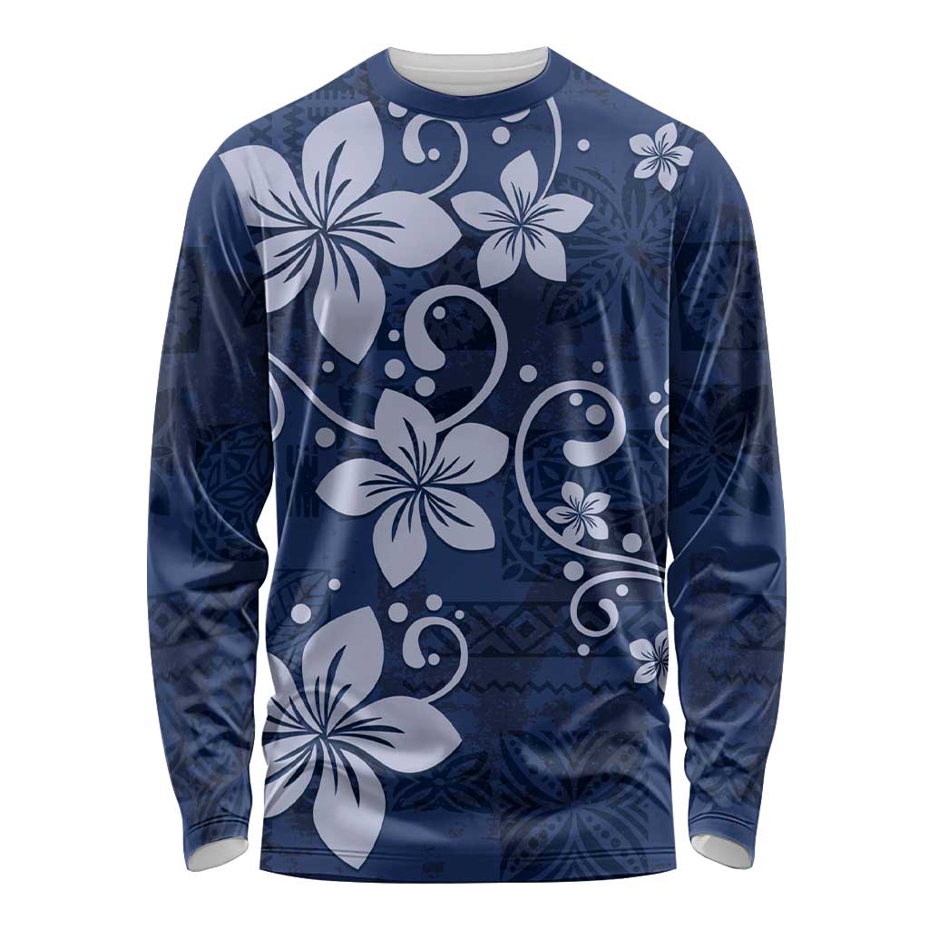 Plumeria Floral Tapa Pattern Navy Blue Long Sleeve Shirt LT01 Unisex Blue - Polynesian Pride