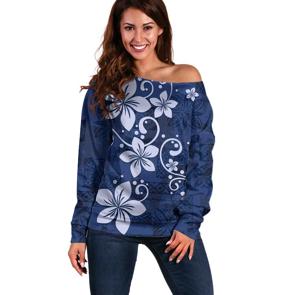 Plumeria Floral Tapa Pattern Navy Blue Off Shoulder Sweater LT01 Women Blue - Polynesian Pride