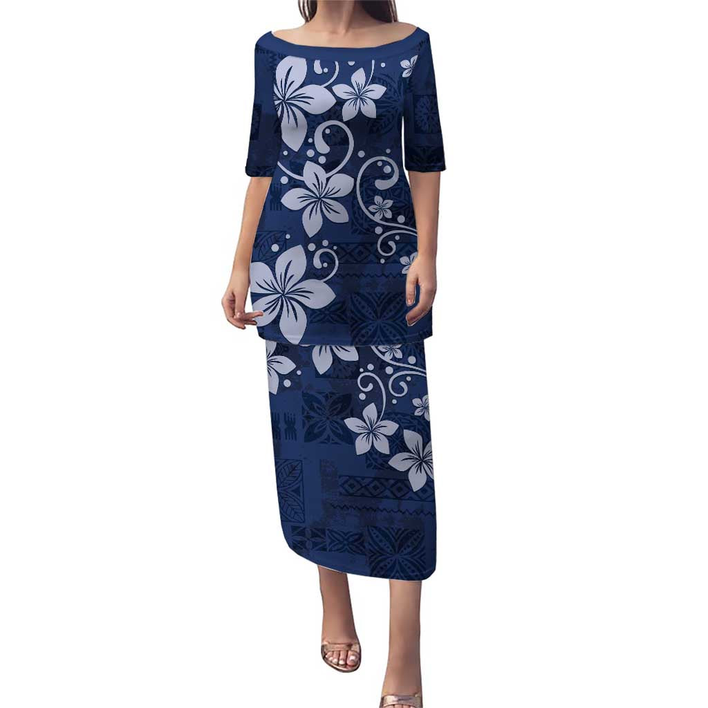 Plumeria Floral Tapa Pattern Navy Blue Puletasi