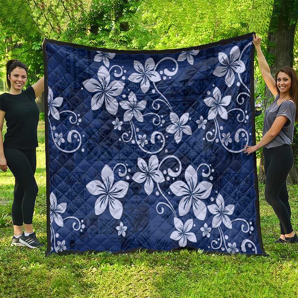 Plumeria Floral Tapa Pattern Navy Blue Quilt