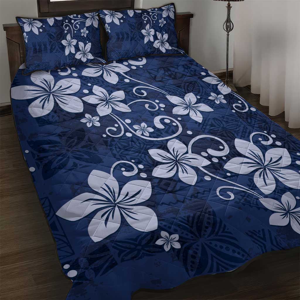 Plumeria Floral Tapa Pattern Navy Blue Quilt Bed Set LT01 Blue - Polynesian Pride