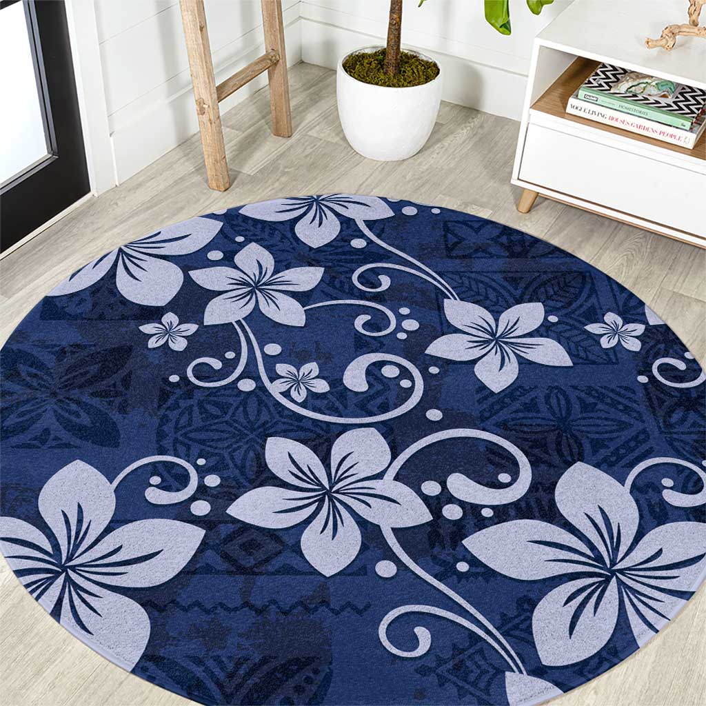 Plumeria Floral Tapa Pattern Navy Blue Round Carpet LT01 Blue - Polynesian Pride