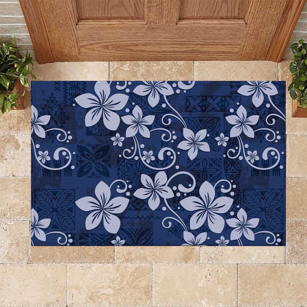 Plumeria Floral Tapa Pattern Navy Blue Rubber Doormat