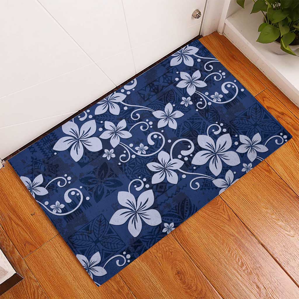 Plumeria Floral Tapa Pattern Navy Blue Rubber Doormat