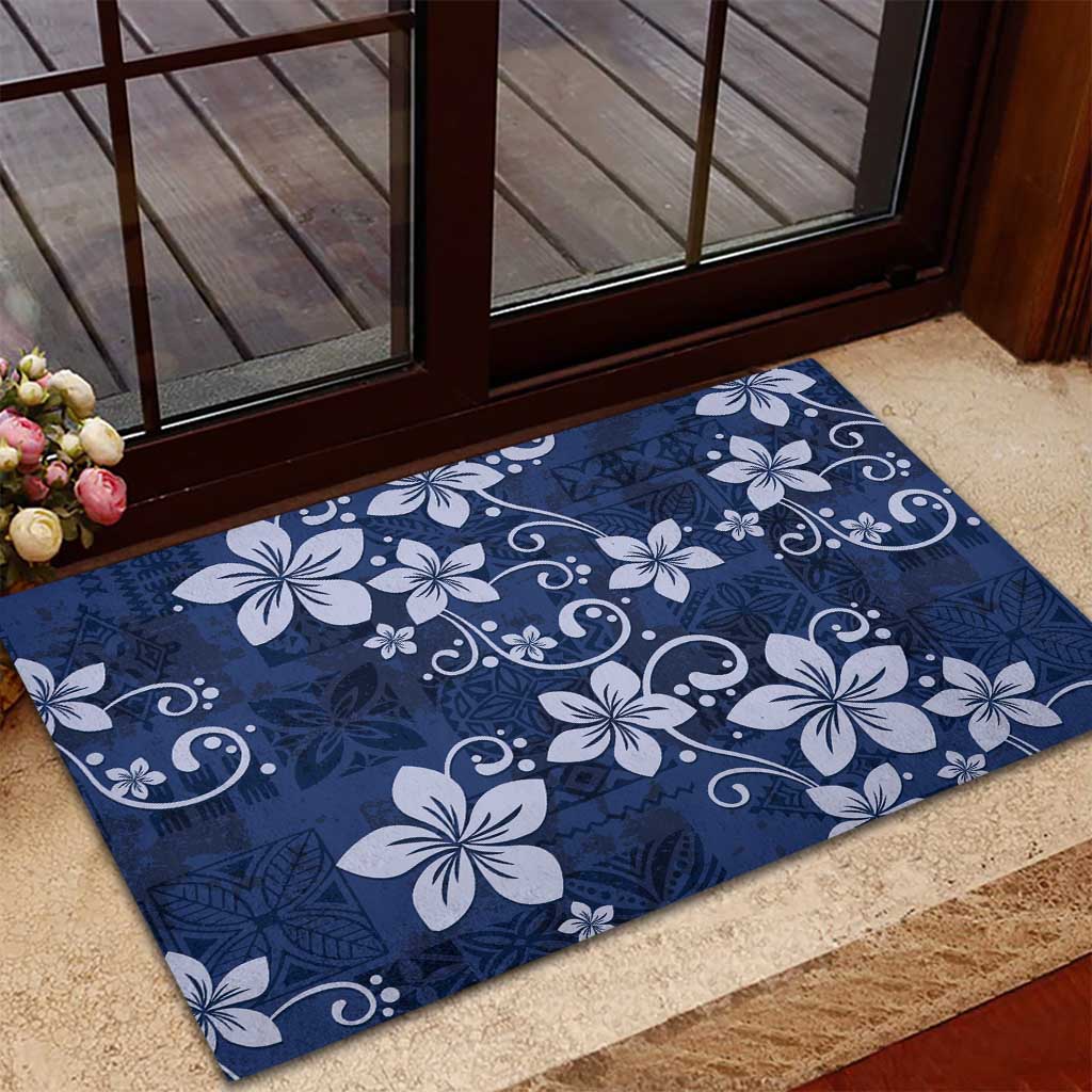Plumeria Floral Tapa Pattern Navy Blue Rubber Doormat