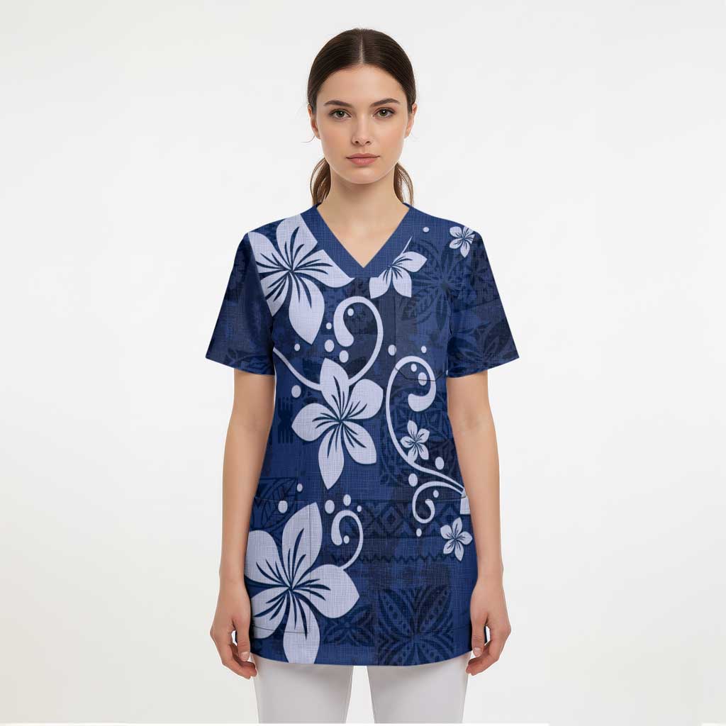 Plumeria Floral Tapa Pattern Navy Blue Scrub Top - Polynesian Pride