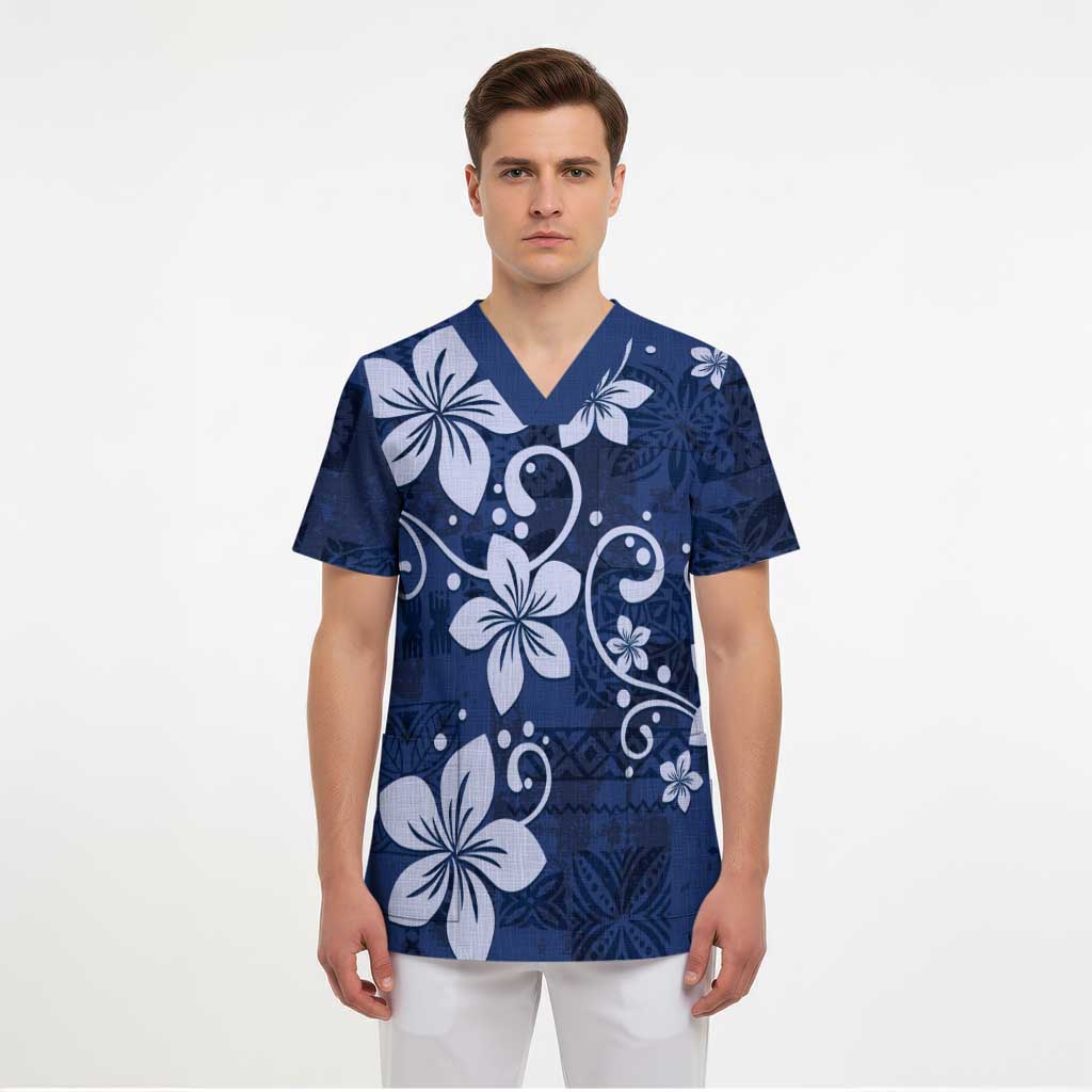 Plumeria Floral Tapa Pattern Navy Blue Scrub Top - Polynesian Pride