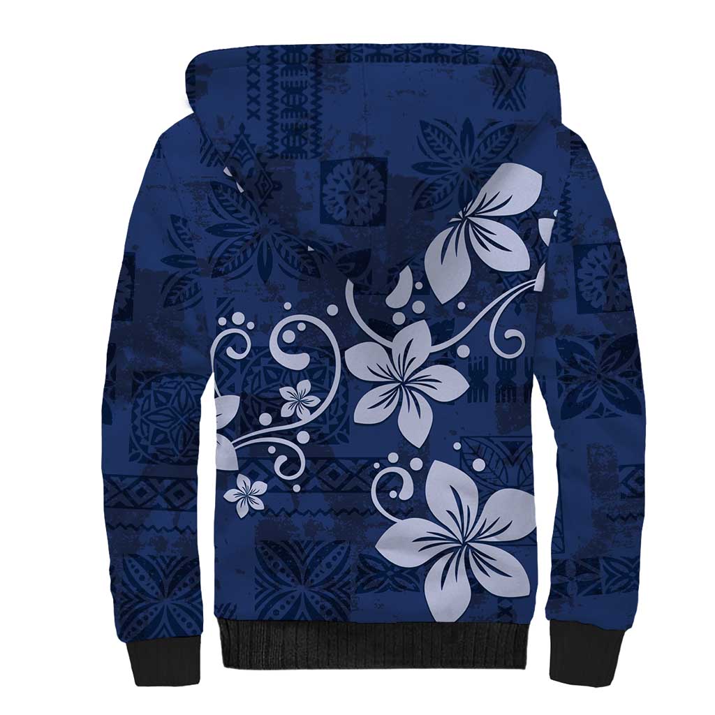 Plumeria Floral Tapa Pattern Navy Blue Sherpa Hoodie