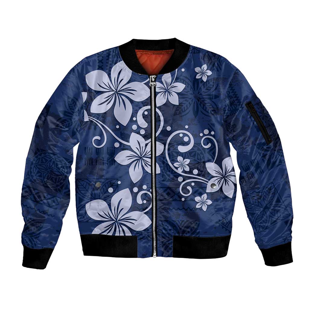 Plumeria Floral Tapa Pattern Navy Blue Sleeve Zip Bomber Jacket LT01 Unisex Blue - Polynesian Pride