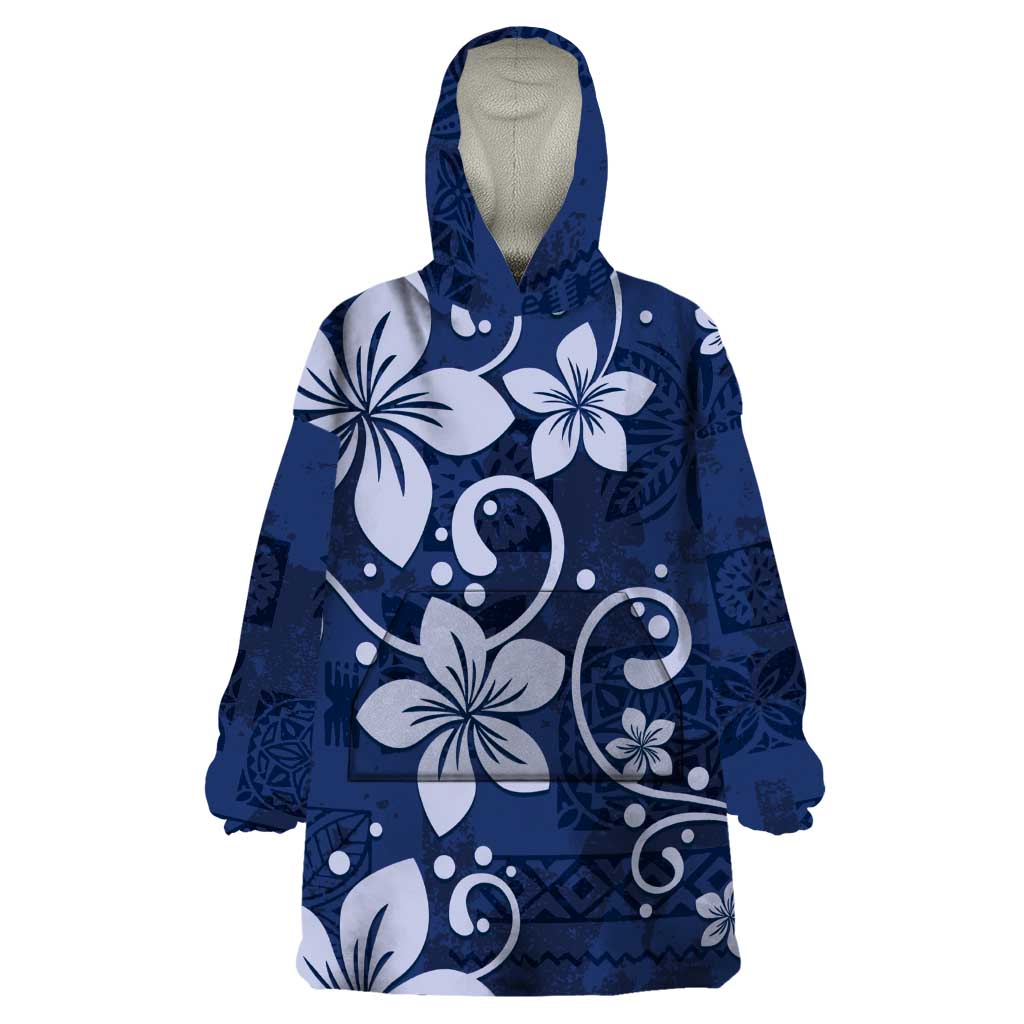 Plumeria Floral Tapa Pattern Navy Blue Wearable Blanket Hoodie LT01 One Size Blue - Polynesian Pride