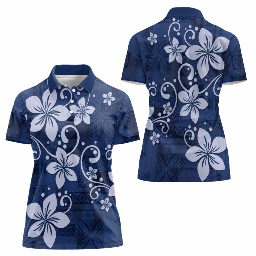 Plumeria Floral Tapa Pattern Navy Blue Women Polo Shirt