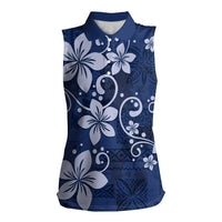 Plumeria Floral Tapa Pattern Navy Blue Women Sleeveless Polo Shirt