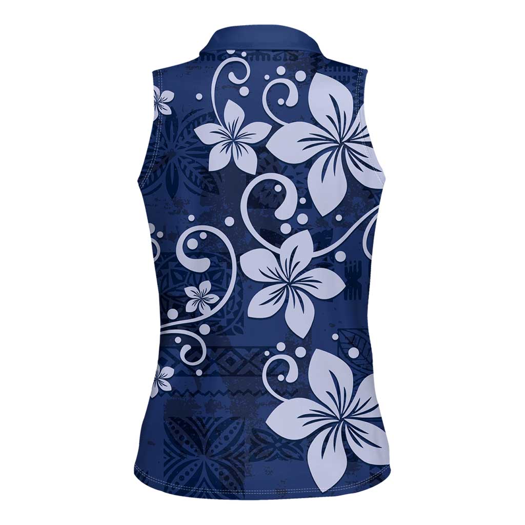 Plumeria Floral Tapa Pattern Navy Blue Women Sleeveless Polo Shirt