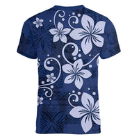 Plumeria Floral Tapa Pattern Navy Blue Women V-Neck T-Shirt