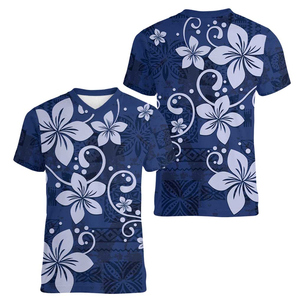 Plumeria Floral Tapa Pattern Navy Blue Women V-Neck T-Shirt