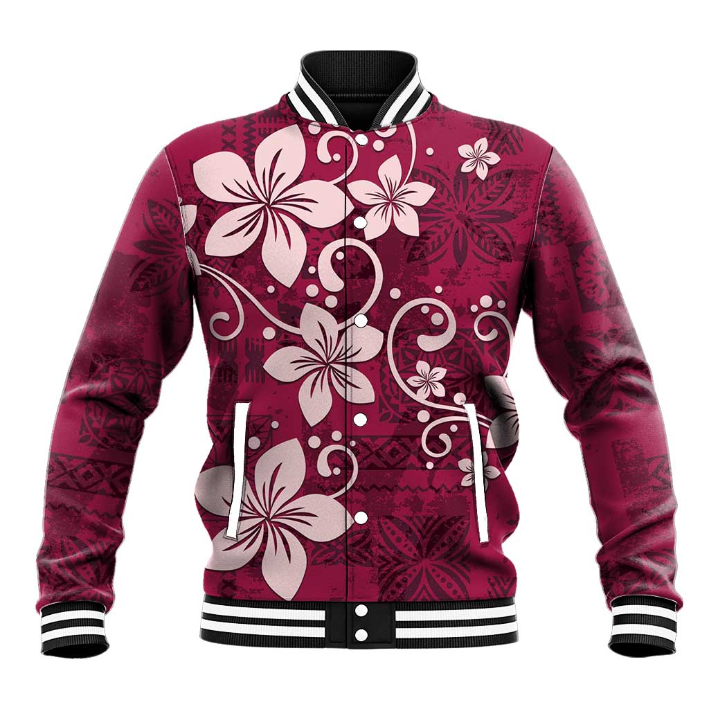 Plumeria Floral Tapa Pattern Ruby Pink Baseball Jacket