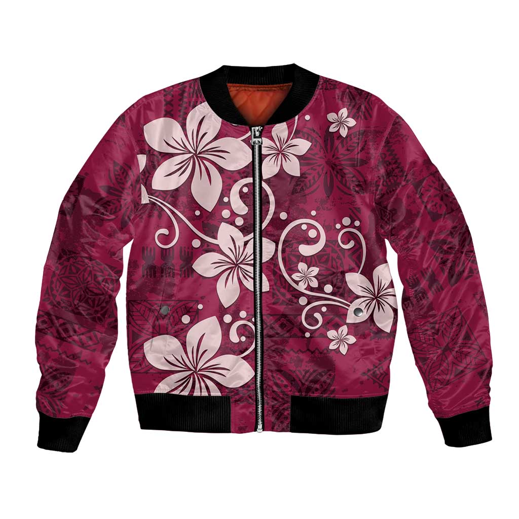 Plumeria Floral Tapa Pattern Ruby Pink Bomber Jacket LT01 Unisex Pink - Polynesian Pride