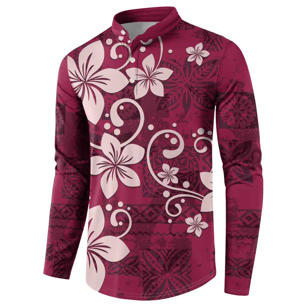 Plumeria Floral Tapa Pattern Ruby Pink Button Sweatshirt