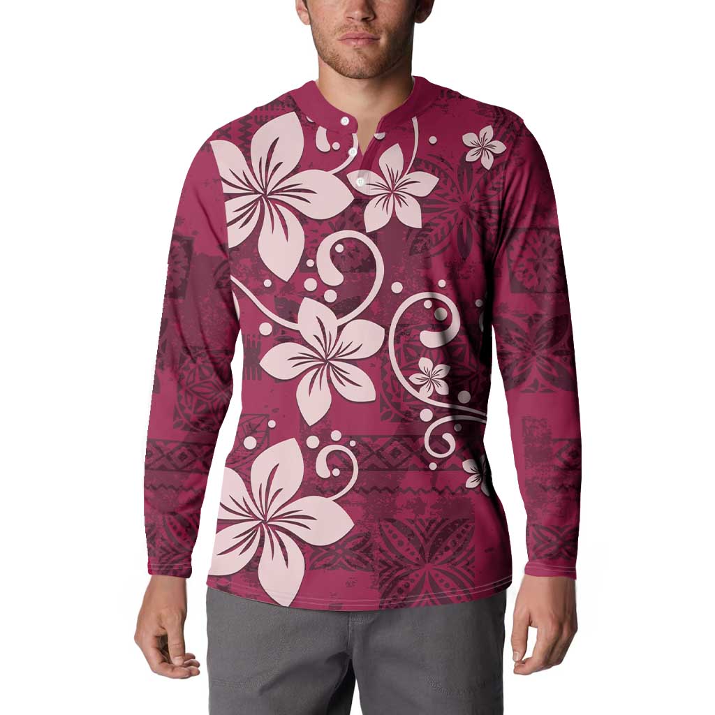 Plumeria Floral Tapa Pattern Ruby Pink Button Sweatshirt