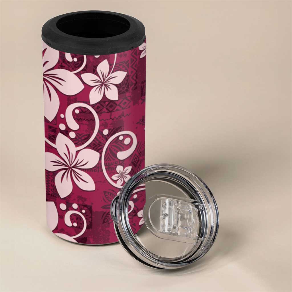 Plumeria Floral Tapa Pattern Ruby Pink 4 in 1 Can Cooler Tumbler
