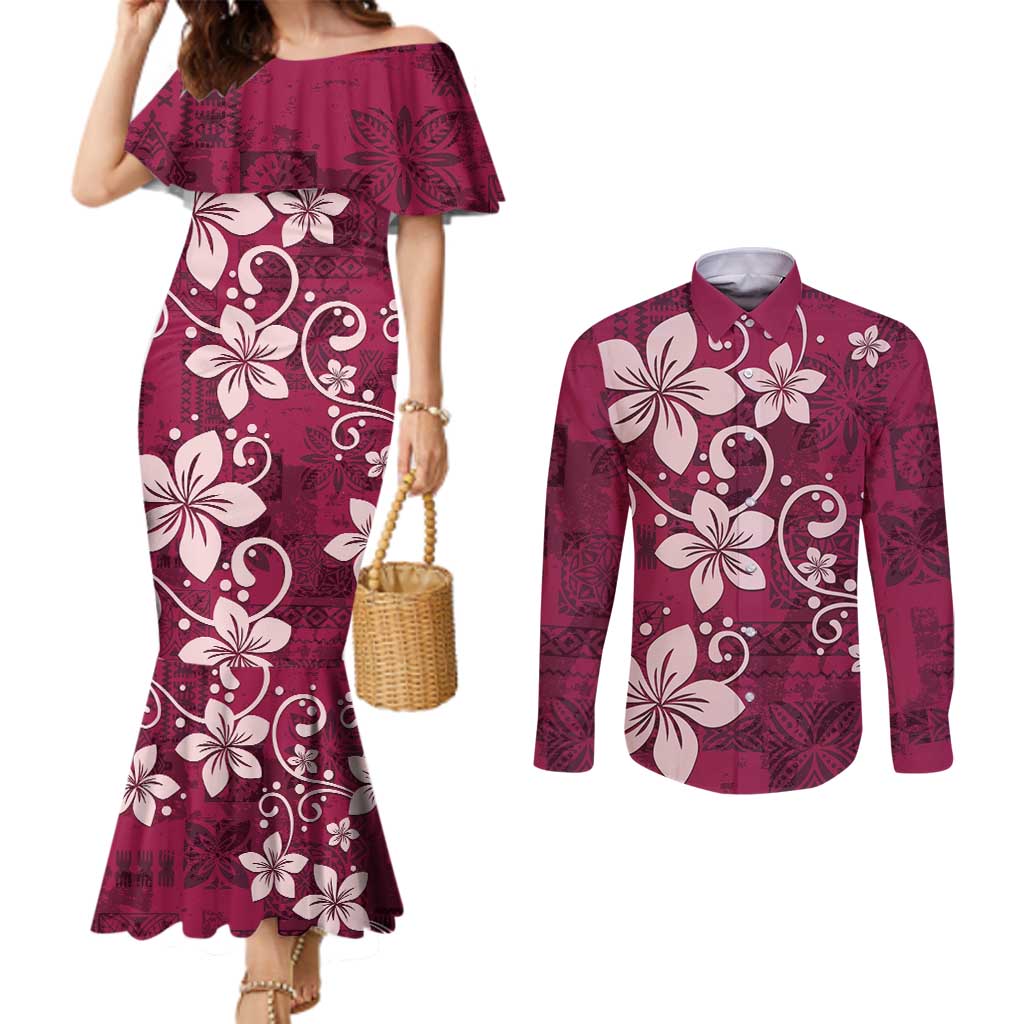 Plumeria Floral Tapa Pattern Ruby Pink Couples Matching Mermaid Dress and Long Sleeve Button Shirt LT01 Pink - Polynesian Pride