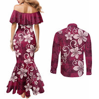 Plumeria Floral Tapa Pattern Ruby Pink Couples Matching Mermaid Dress and Long Sleeve Button Shirt