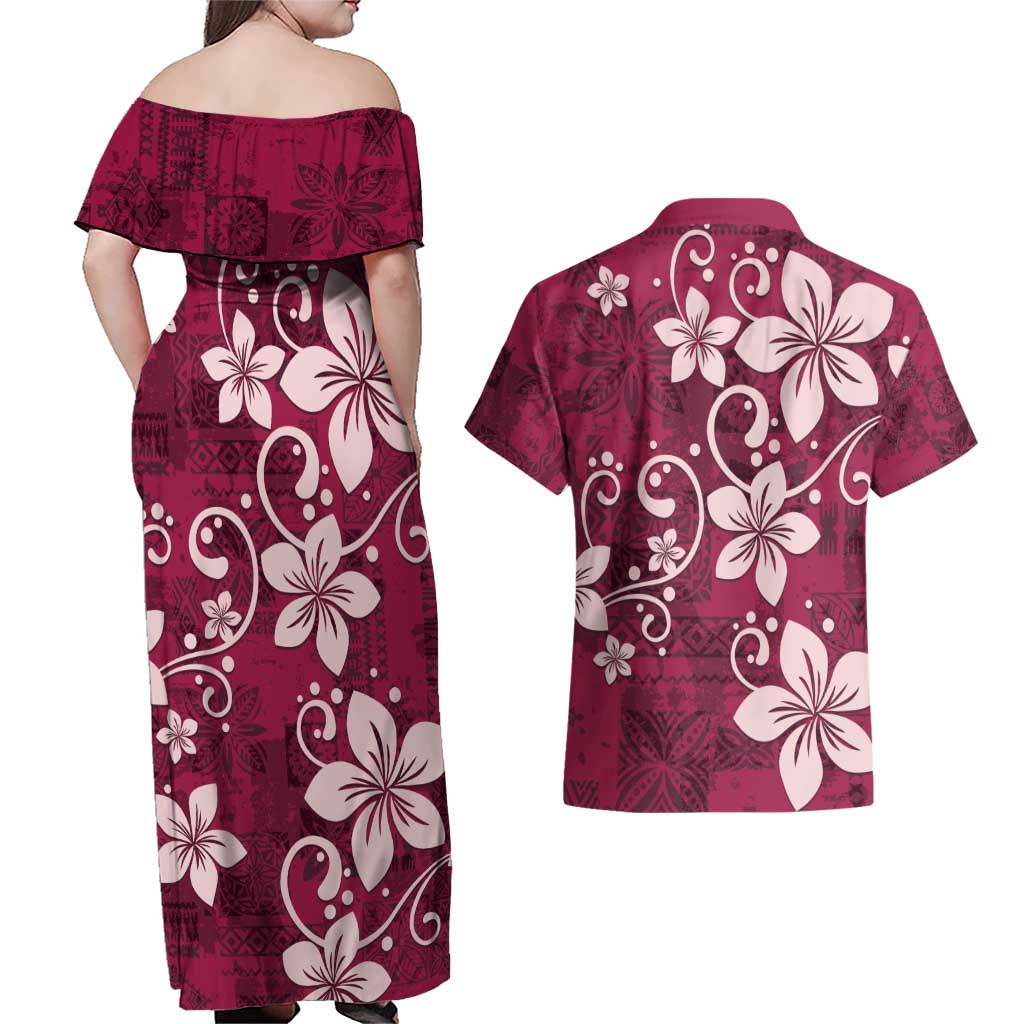 Plumeria Floral Tapa Pattern Ruby Pink Couples Matching Off Shoulder Maxi Dress and Hawaiian Shirt
