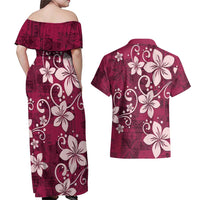 Plumeria Floral Tapa Pattern Ruby Pink Couples Matching Off Shoulder Maxi Dress and Hawaiian Shirt