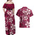 Plumeria Floral Tapa Pattern Ruby Pink Couples Matching Off Shoulder Maxi Dress and Hawaiian Shirt